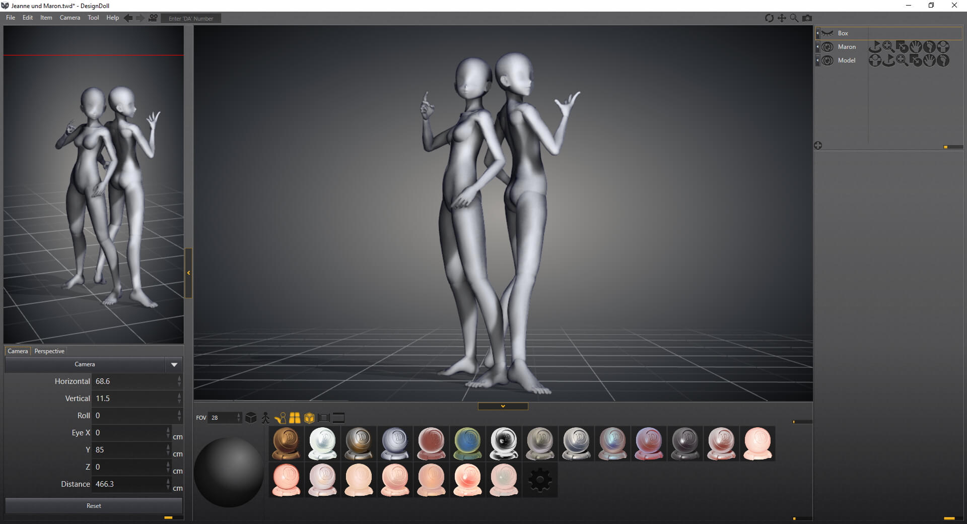 Screenshot der Software DesignDoll mit zwei Rücken an Rücken stehenden Figuren