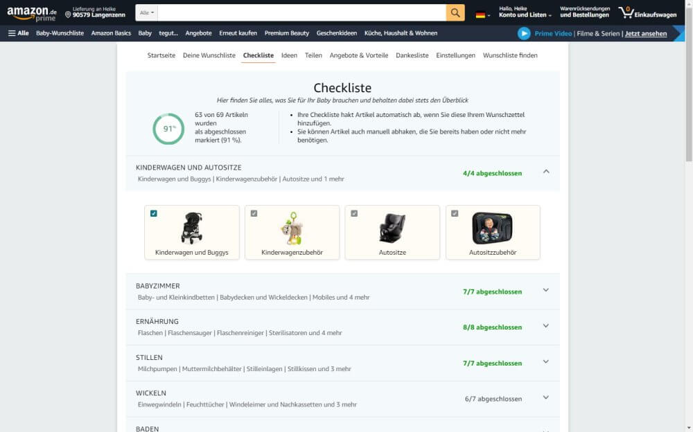 Screenshot der Checkliste unserer Baby-Wunschliste auf Amazon