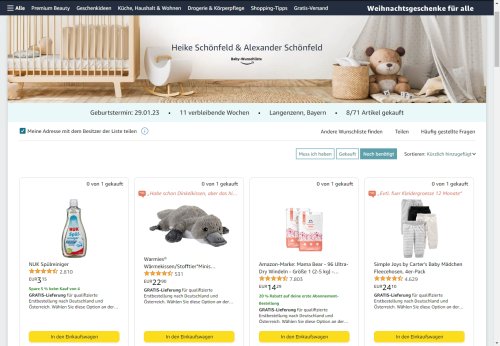 Screenshot einer Amazon Baby-Wunschliste mit einer vielfältigen Auswahl an Produkten