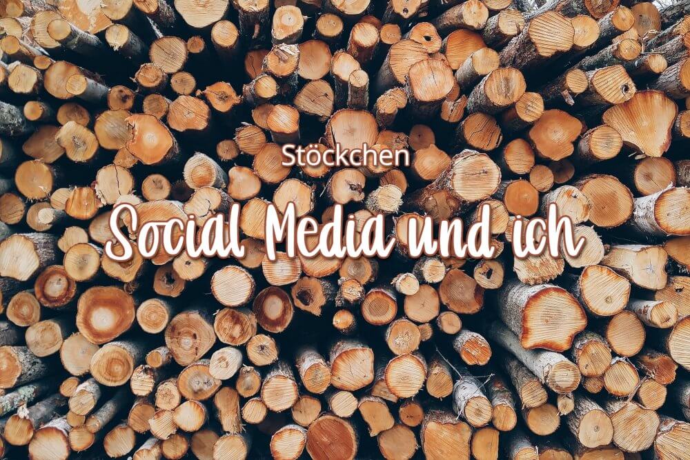 Holzstoß im Hintergrund. Text "Stöckchen - Social Media und ich" im Vordergrund