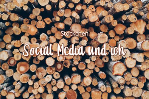 Holzstoß im Hintergrund. Text "Stöckchen - Social Media und ich" im Vordergrund