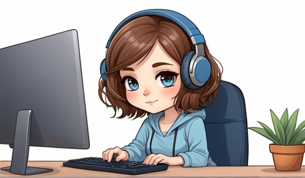 Chibi Suzu arbeitet am PC und trägt Kopfhörer